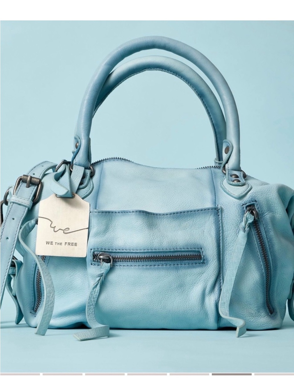 Free People We The Free Leather Baby Emerson Bag in Washed Sail Baby Blue NWT